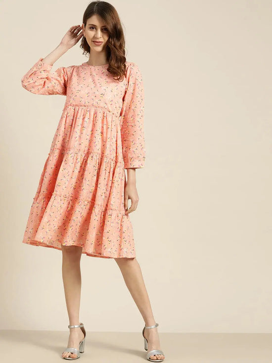 Peach Floral Tiered Midi Dress