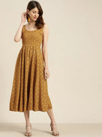 Mustard Foil Print Sleeveless Anarkali Dress