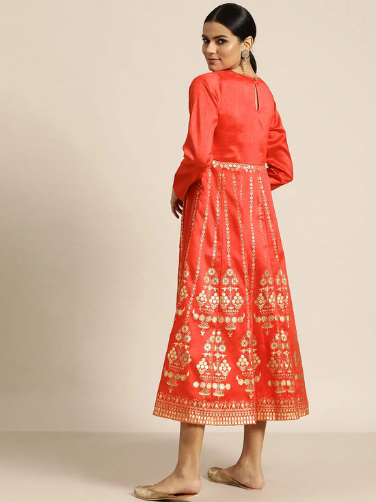 Red Gold Foil Print Anarkali Maxi Dress