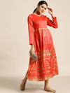 Red Gold Foil Print Anarkali Maxi Dress