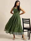 Dark Green Silver Foil Print Anarkali Maxi Dress