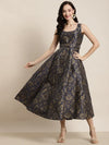 Navy Jacquard Floral Self-Belt Anarkali Maxi