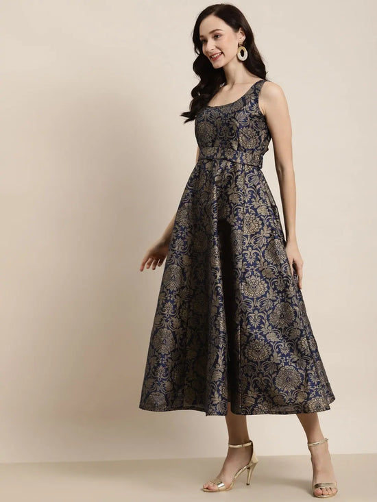 Navy Jacquard Floral Self-Belt Anarkali Maxi