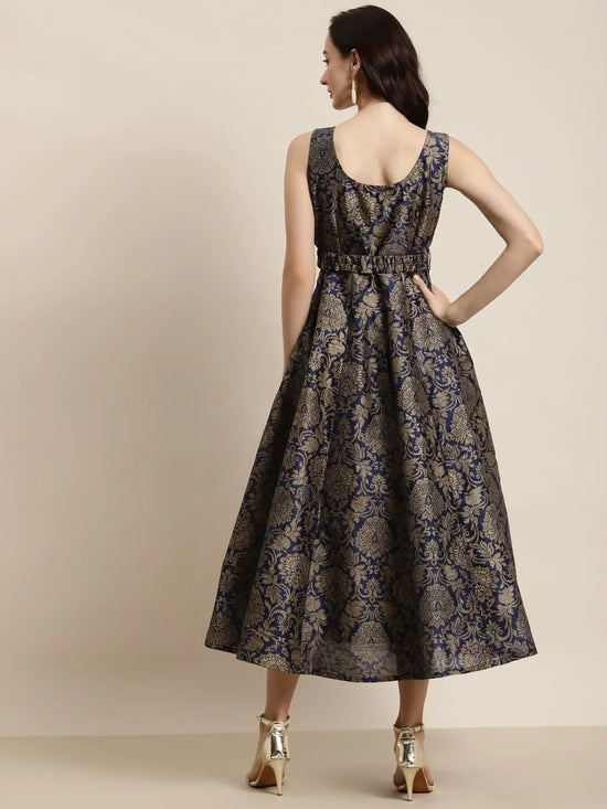 Navy Jacquard Floral Self-Belt Anarkali Maxi