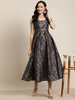 Navy Jacquard Floral Self-Belt Anarkali Maxi