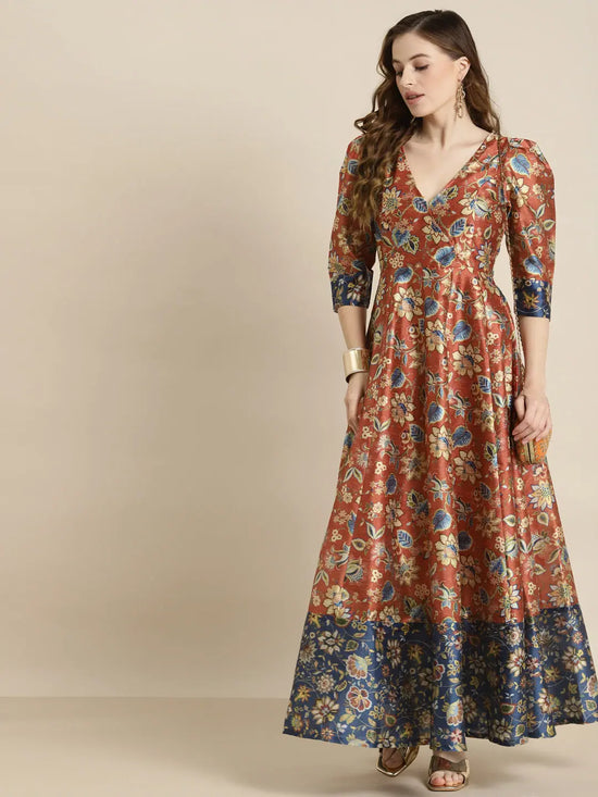 Orange Floral Wrap Anarkali Maxi Dress