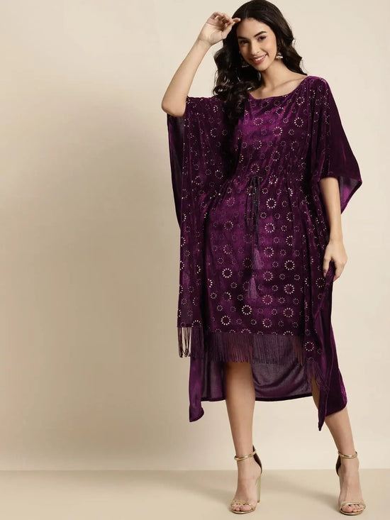 Purple Velvet Foil Print Fringe Lace Kaftan Dress