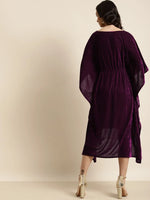 Purple Velvet Foil Print Fringe Lace Kaftan Dress