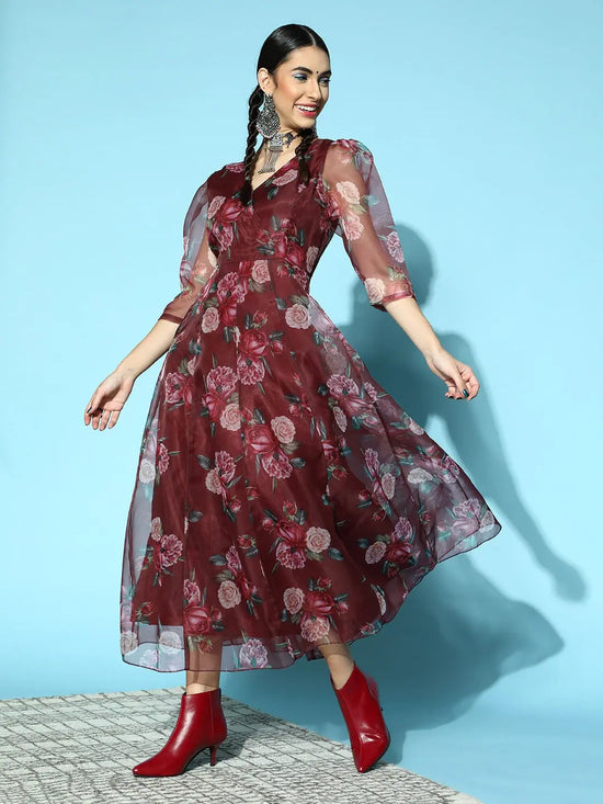 Women Maroon Floral Wrap Anarkali Maxi Dress