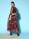 Women Maroon Floral Wrap Anarkali Maxi Dress