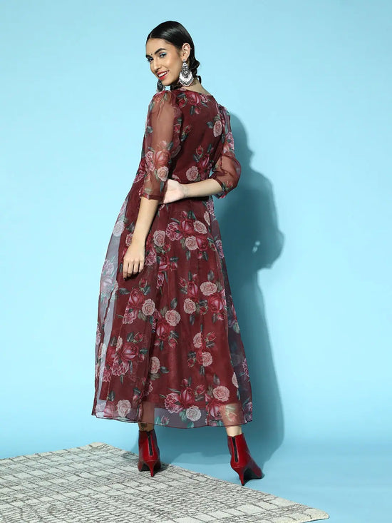 Women Maroon Floral Wrap Anarkali Maxi Dress