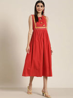 Women Red Lehariya Gota Lace Gathered Dress