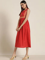 Women Red Lehariya Gota Lace Gathered Dress