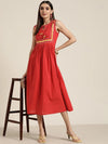 Women Red Lehariya Gota Lace Gathered Dress