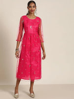 Women Fuchsia Tulle Sequins Gathered Dress