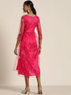 Women Fuchsia Tulle Sequins Gathered Dress