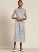 Women Steel Grey Tulle Sequins Gathered Dress