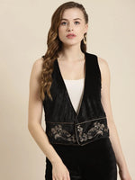 Women Embroidered Black Sleeveless Jacket