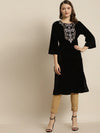 Womens Black Zari Floral Embroidery Velvet Kurta