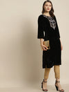 Womens Black Zari Floral Embroidery Velvet Kurta