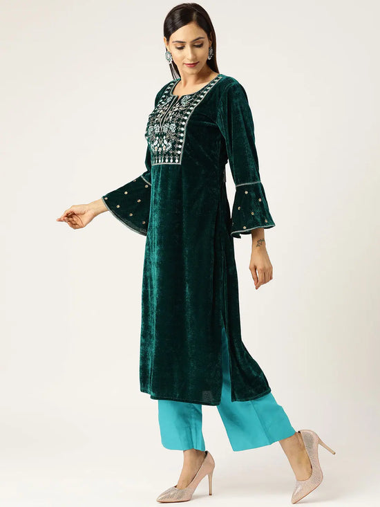 Green Velvet Flute Sleeve Embroidery Kurta