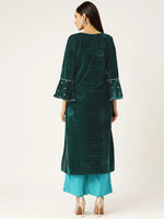 Green Velvet Flute Sleeve Embroidery Kurta