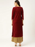 Maroon Embroidered Straight Velvet Kurta