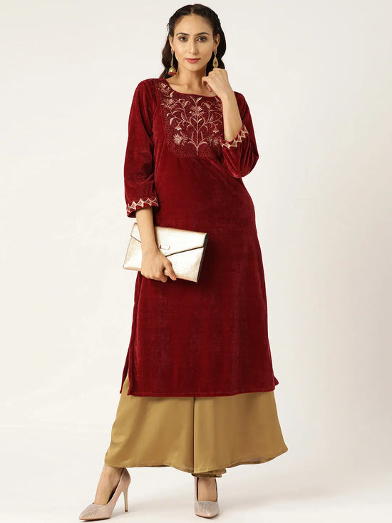 Maroon Embroidered Straight Velvet Kurta