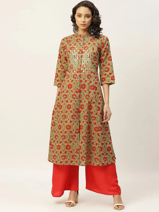 Grey Floral Zari Embroidery Front Open Kurta