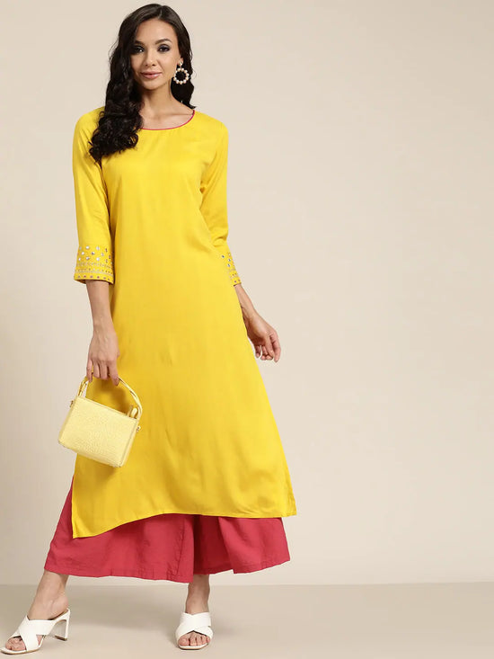 Yellow Sleeve Embroidered Liva Kurta