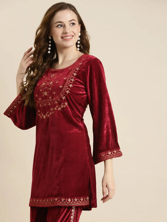 Maroon Velvet Floral Zari Embroidered Short Kurta