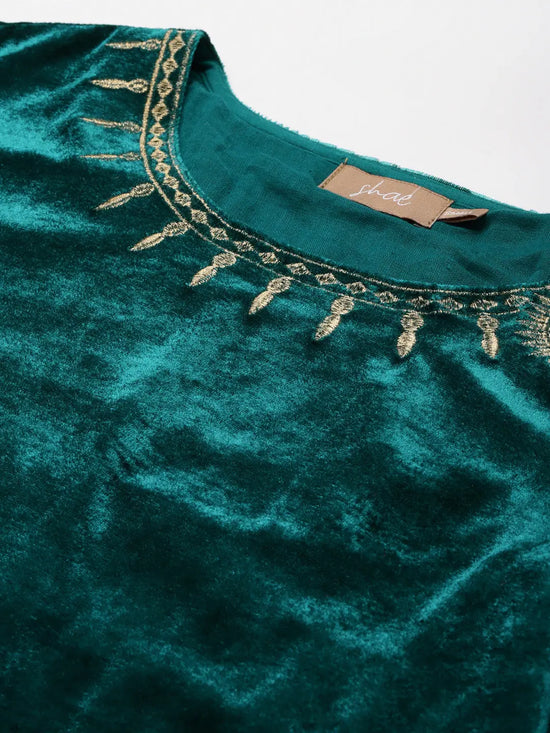 Teal Velvet Zari Embroidered Short Kurta