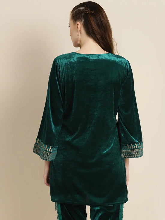 Teal Velvet Zari Embroidered Short Kurta