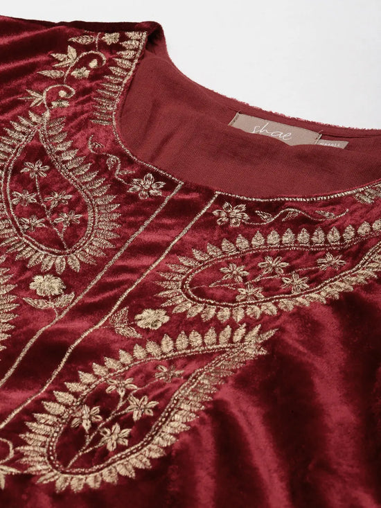 Maroon Velvet Zari Embroidered Short Kurta