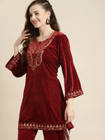 Maroon Velvet Zari Embroidered Short Kurta