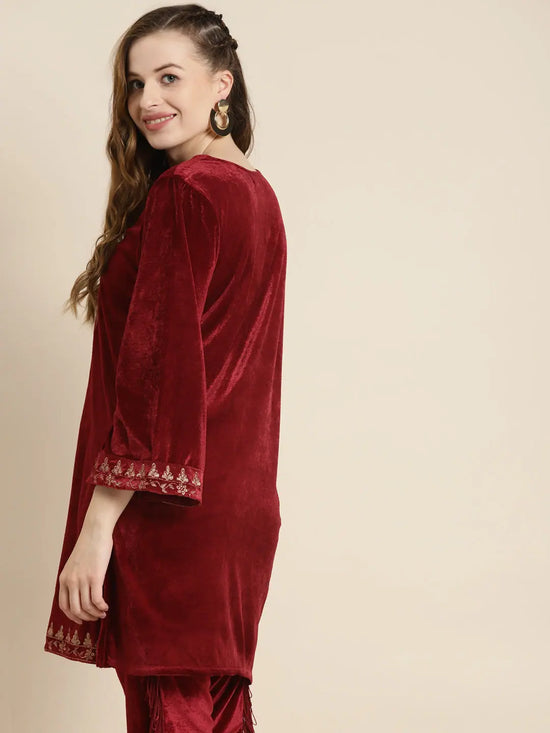 Maroon Velvet Zari Embroidered Short Kurta