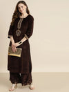 Brown Velvet Zari Embroidered Straight Kurta