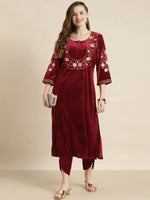 Maroon Velvet Floral Embroidery Straight Kurta