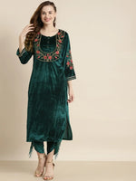 Teal Velvet Floral Embroidery Straight Kurta