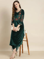 Teal Velvet Floral Embroidery Straight Kurta