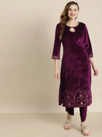 Purple Velvet Hem Zari Embroidered Kurta