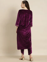 Purple Velvet Hem Zari Embroidered Kurta