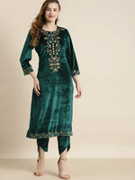 Teal Velvet Floral Zari Embroidery Kurta