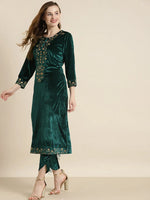 Teal Velvet Floral Zari Embroidery Kurta