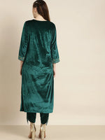 Teal Velvet Floral Zari Embroidery Kurta