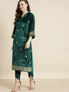 Teal Velvet Foil Print Bell Sleeve Kurta