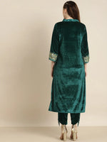 Teal Velvet Foil Print Bell Sleeve Kurta