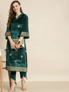 Teal Velvet Foil Print Bell Sleeve Kurta