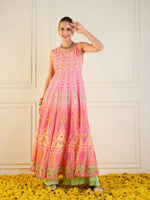 Women Pink Floral Sleeveless Anarkali Kurta-SHKUR00419