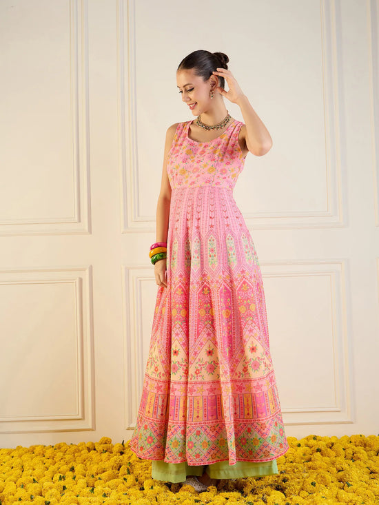 Women Pink Floral Sleeveless Anarkali Kurta-SHKUR00419